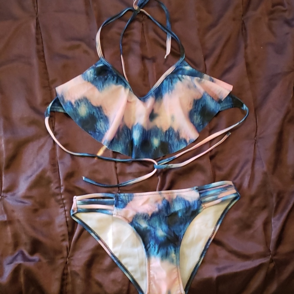 Peacock pink and blue ruffled bikini